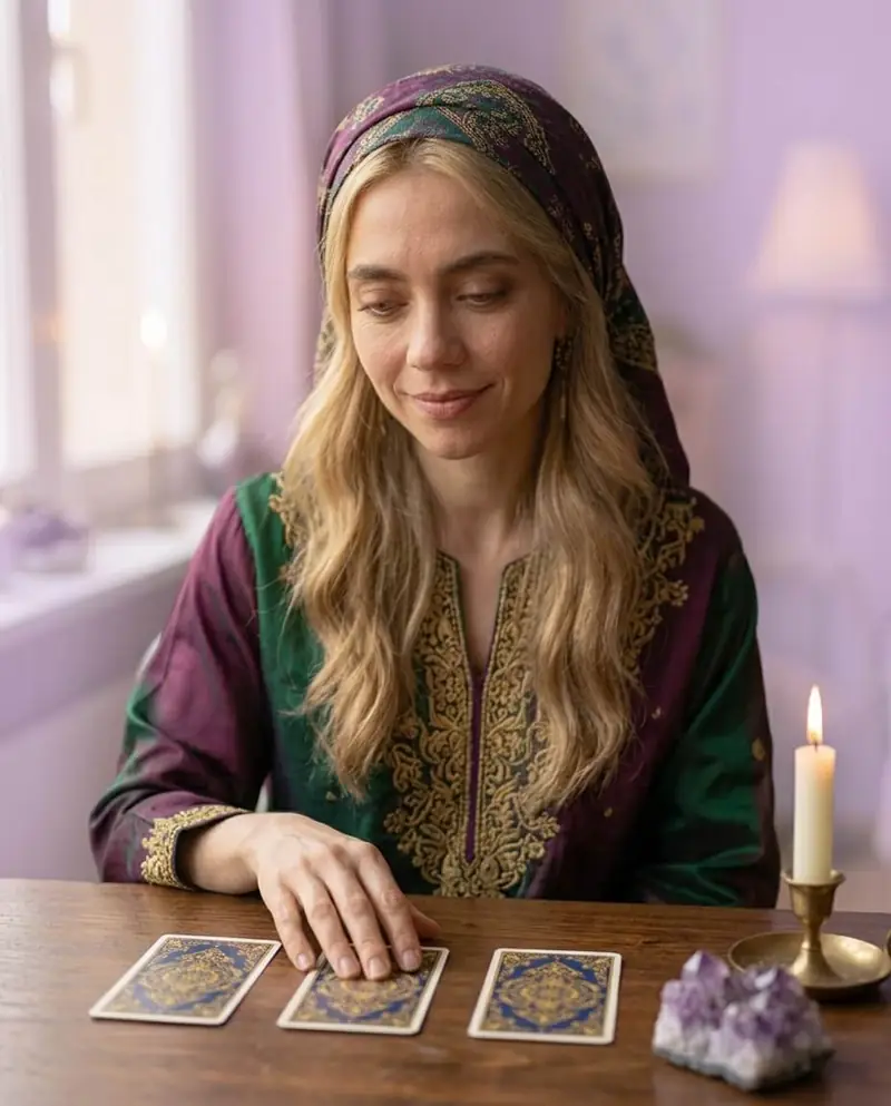 Estela, uma mulher de cabelos loiros longos e lenço bordado, olha para três cartas de tarot sobre uma mesa de madeira, ao lado de uma vela acesa e de uma ametista